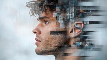 A man with a digital face and a city skyline in the background photo
