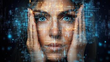 The woman is looking at her face with a digital face photo