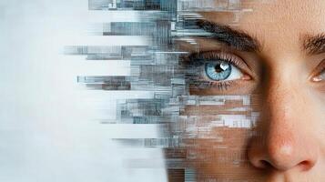 A woman's face is surrounded by digital images photo