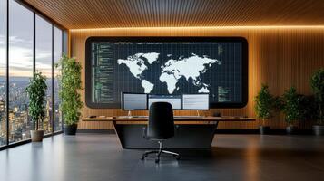 A computer monitor with a world map on it photo