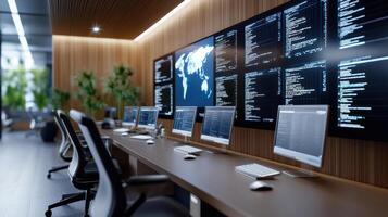 A computer screen is on a desk in front of a wall photo