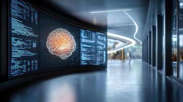 A hallway with a large screen showing a brain photo