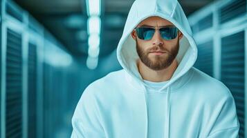 A man in a hoodie and sunglasses standing in front of a server room photo