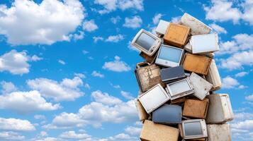 A stack of old computers and televisions on top of a stack of old televisions photo