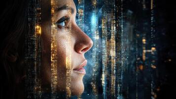 A woman looking into the distance with a binary code photo