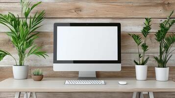 Computer monitor with blank screen on wooden desk with potted plants photo