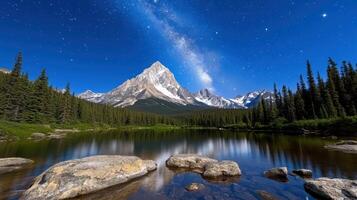 The milky way over the mountains and lake in the night sky photo
