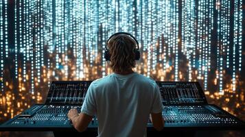 A man in headphones is sitting at a mixing board photo