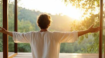 A man standing in front of a window with his arms outstretched photo