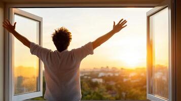 A man standing in front of an open window with his arms outstretched photo