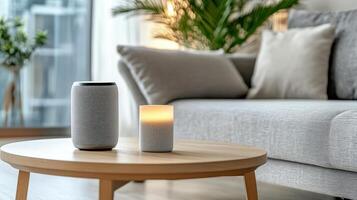 A smart speaker and a candle sit on a table photo