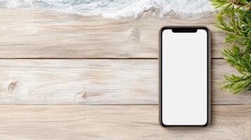 Iphone xs max mockup on wooden table photo