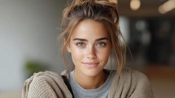 A woman with a messy bun and a sweater photo