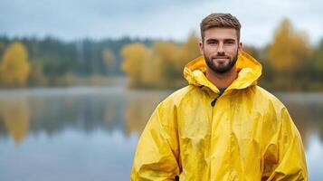A man in a yellow raincoat standing in front of a lake photo