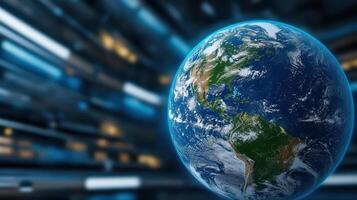 Earth globe in futuristic city background 3d image photo