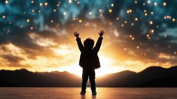 A child standing in front of a sunset with their hands up photo