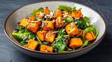 A bowl of sweet potatoes and spinach salad photo