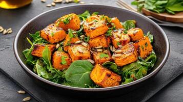 A bowl of sweet potatoes with spinach and sunflower seeds photo