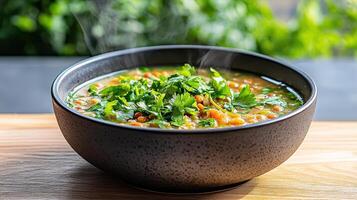 A bowl of soup with greens on top photo