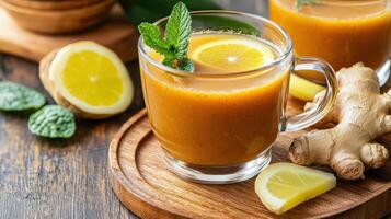 Two glasses of orange juice with lemon and mint photo