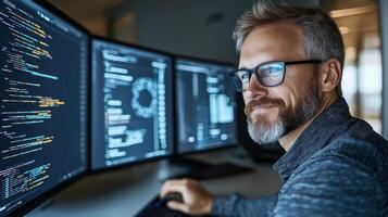 A man with glasses and beard sitting at a computer with multiple screens photo