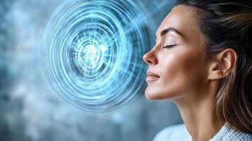 A woman with her eyes closed and a blue circular energy circle in front of her photo
