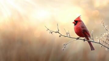 A red bird is sitting on a branch photo
