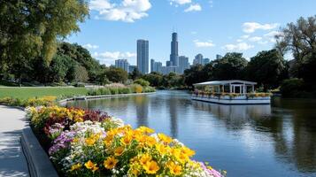 A river with flowers and a boat in the middle photo