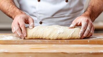 A man in a white shirt is kneading dough photo