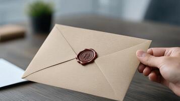 A hand holding a wax seal on a brown envelope photo