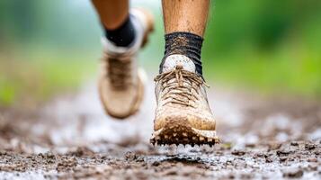 A person wearing running shoes on a muddy trail photo