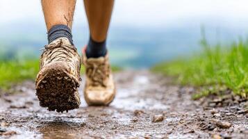 A person wearing shoes and socks running on a muddy trail photo