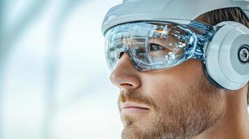 A man wearing a helmet and glasses photo