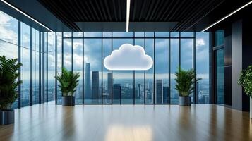 A cloud computing company logo is displayed in front of a large window photo