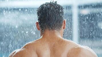 A man standing in the rain with his back to the camera photo