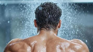 A man is standing in a shower with water running down his back photo