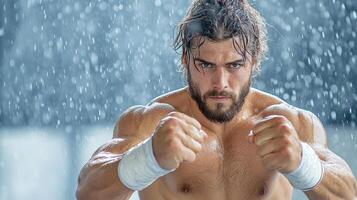 A man with a beard and a shirt on is in the rain photo