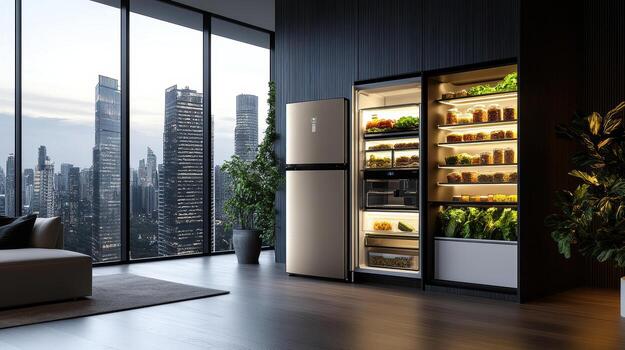 A modern refrigerator with a view of the city photo