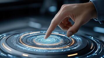 A person touching a futuristic interface with a finger photo