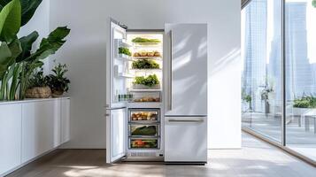 A refrigerator with its door open and its contents photo