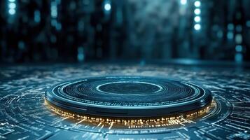 A futuristic circular object on a table with a glowing light photo