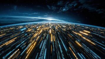 The earth is seen from space with a glowing line of data photo