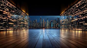 A dark room with a city skyline in the background photo
