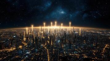 The city at night with lights and stars photo