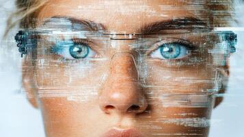 A woman with futuristic glasses and a computer screen photo