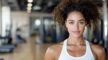 A woman with curly hair in a gym photo