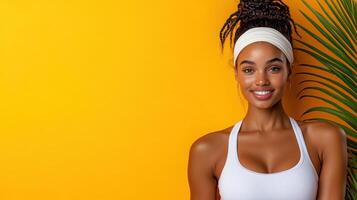 A beautiful young woman in a white tank top and headband is smiling photo