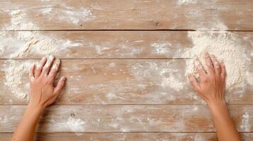 Two hands are holding flour on a wooden table photo