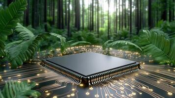 A computer chip on a forest floor photo