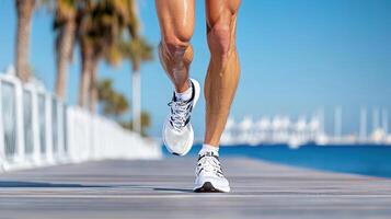 A man in white running shoes is running on a boardwalk photo